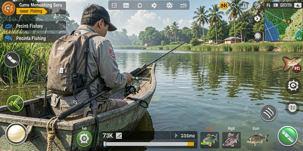 Screenshot gameplay 73K yang menunjukkan aksi memancing yang seru.