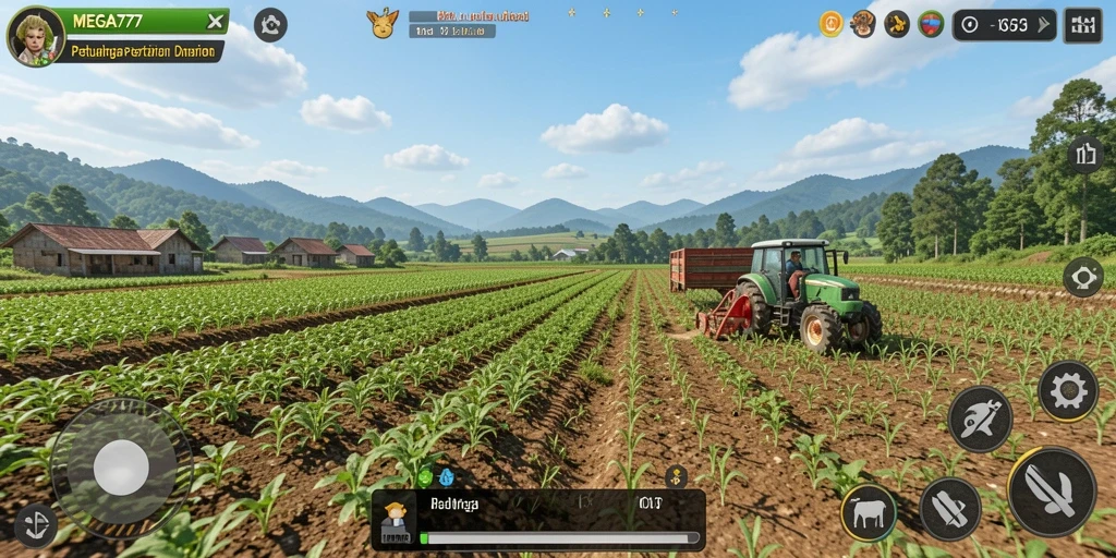 Tangkapan layar gameplay MEGA777 menampilkan aktivitas bertani yang seru.