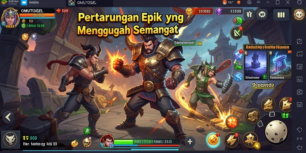 Screenshot gameplay OMUTOGEL menampilkan pertarungan seru antar karakter.