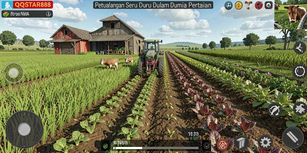 Screenshot utama gameplay QQSTAR88 menampilkan aktivitas bertani yang seru.
