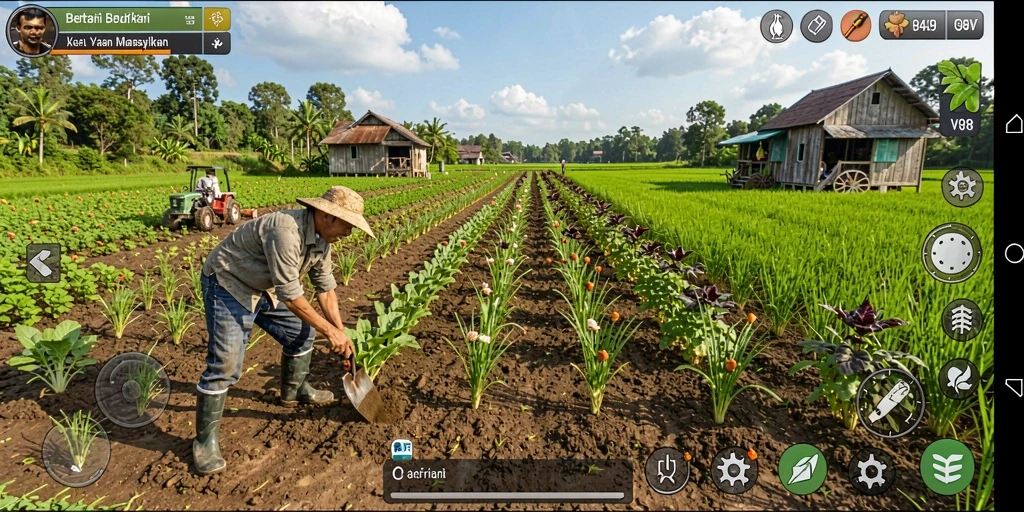 Screenshot utama V98 menampilkan aktivitas bertani yang menyenangkan.